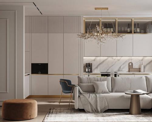 Элегантный интерьер прихожей переходящей в кухню - гостиную - 42, 8 m. 01