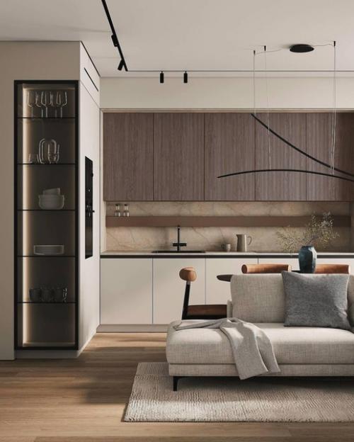 Светлый и уютный интерьер кухни - гостиной в современном стиле. 01