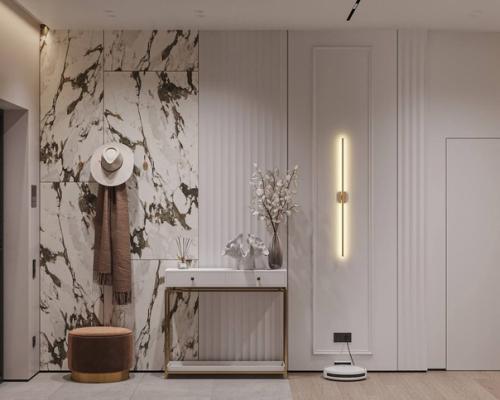 Элегантный интерьер прихожей переходящей в кухню - гостиную - 42, 8 m. 06