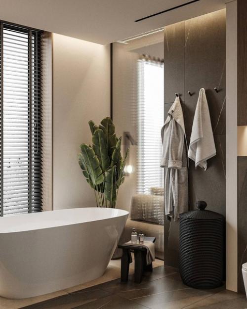 Атмосферная ванная комната в загородном доме в тёплых тонах. 01