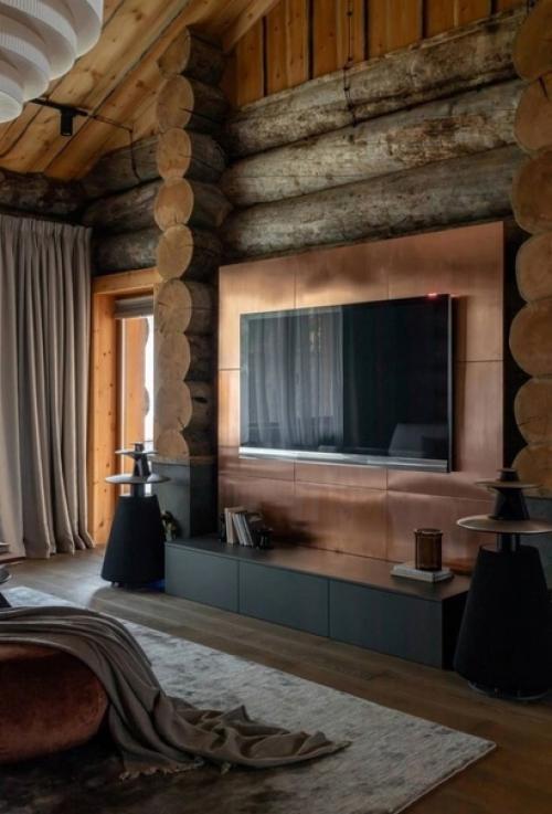 Современный интерьер кухни - гостиной в бревенчатом доме. 01