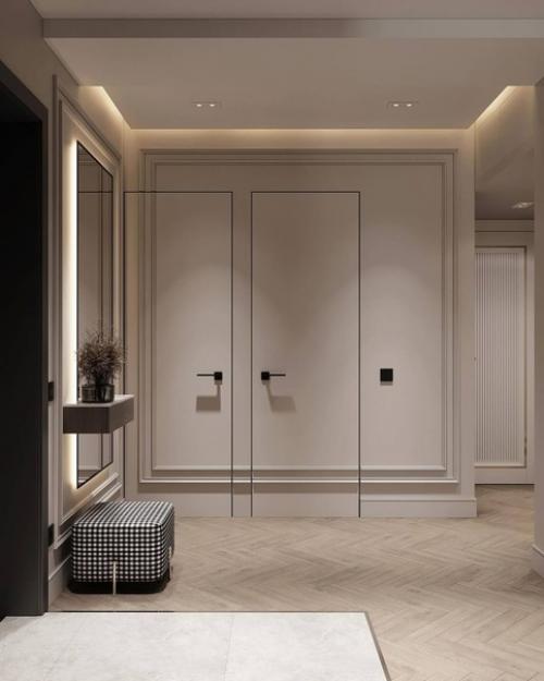 Несколько кадров интерьера прихожей и кухни в двухкомнатной квартире 77 кв. 09