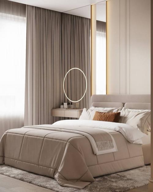 Интерьер мастер спальни и санузла в современной классике и светлых пастельных тонах. 02