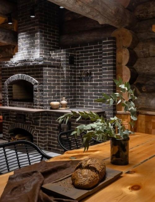 Современный интерьер кухни - гостиной в бревенчатом доме. 05