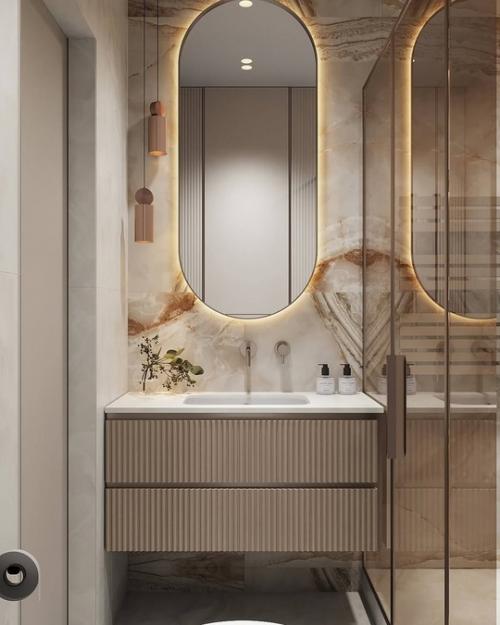 Интерьер мастер спальни и санузла в современной классике и светлых пастельных тонах. 04