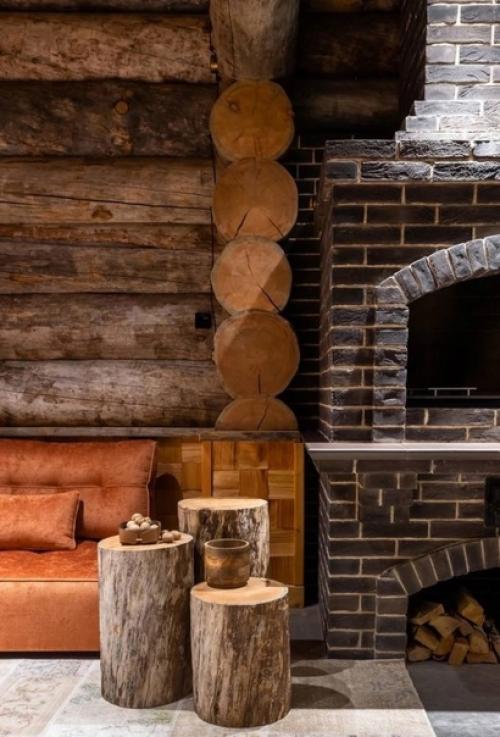 Современный интерьер кухни - гостиной в бревенчатом доме. 04