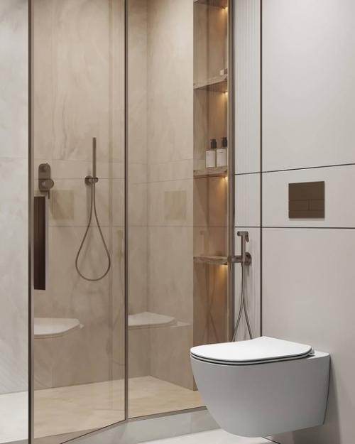 Интерьер мастер спальни и санузла в современной классике и светлых пастельных тонах. 07