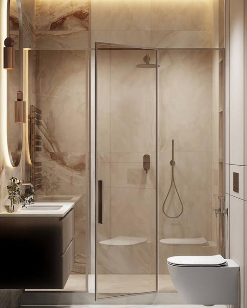 Интерьер мастер спальни и санузла в современной классике и светлых пастельных тонах. 08