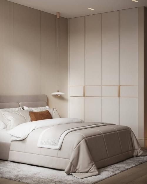 Интерьер мастер спальни и санузла в современной классике и светлых пастельных тонах. 01