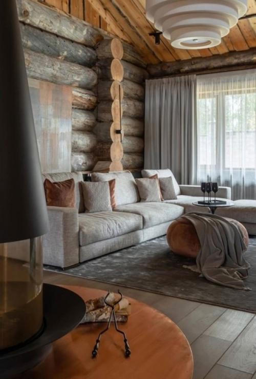 Современный интерьер кухни - гостиной в бревенчатом доме. 06