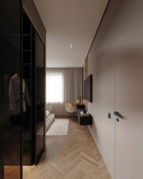 Лаконичный современный интерьер однокомнатной квартиры в светлых тонах. 09