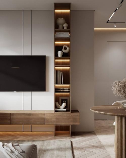 Светлый и уютный интерьер гостиной в современном стиле. 04