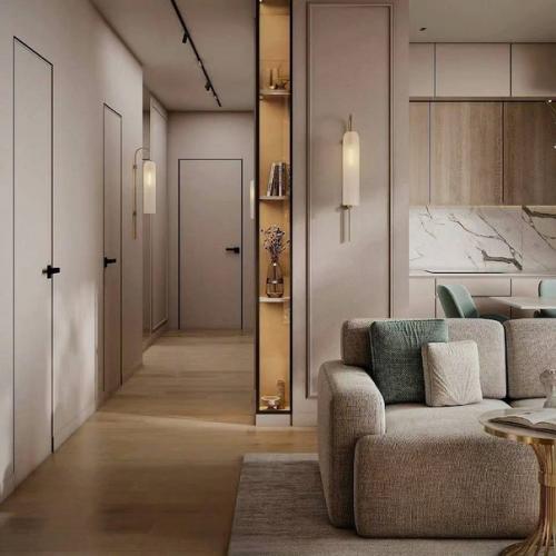 Современный светлый интерьер кухни - гостиной, площадью 27 квадратных метров. 01