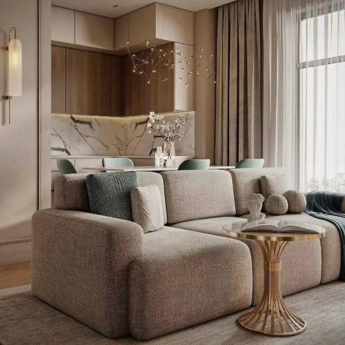 Современный светлый интерьер кухни - гостиной, площадью 27 квадратных метров. 02