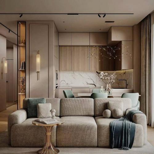 Современный светлый интерьер кухни - гостиной, площадью 27 квадратных метров. 05