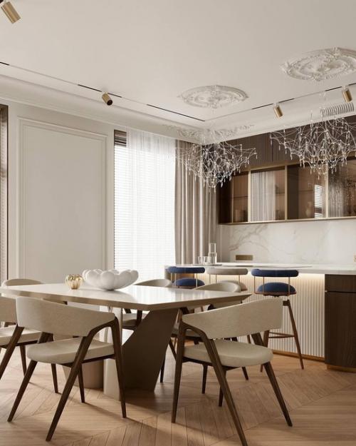 Кухня - гостиная, площадью 39 квадратных метров, в сдержанных, спокойных оттенках. 05