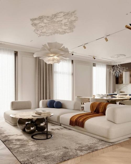 Кухня - гостиная, площадью 39 квадратных метров, в сдержанных, спокойных оттенках. 02