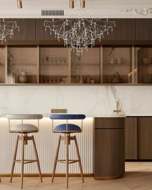 Кухня - гостиная, площадью 39 квадратных метров, в сдержанных, спокойных оттенках. 04