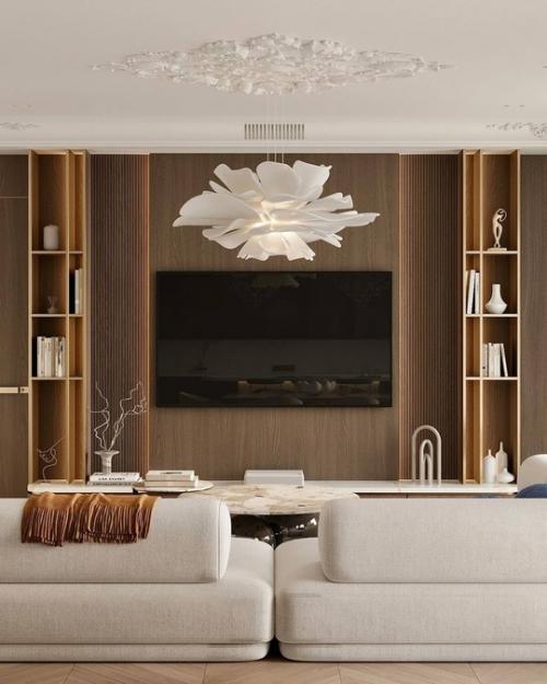 Кухня - гостиная, площадью 39 квадратных метров, в сдержанных, спокойных оттенках. 01