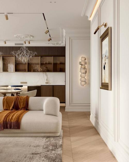 Кухня - гостиная, площадью 39 квадратных метров, в сдержанных, спокойных оттенках. 03