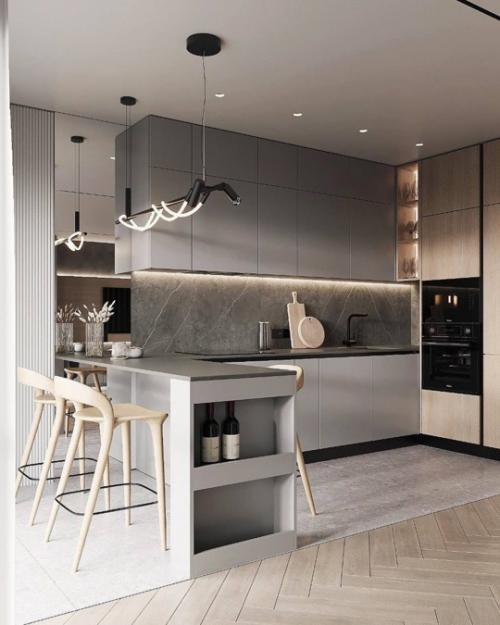 Интерьер просторной кухни - гостиной в современном стиле. 02