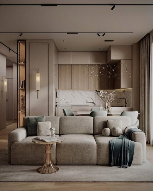 Уютный, комфортный, с приятным сочетанием цветов интерьер кухни - гостиной. 01