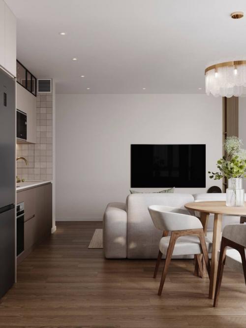 Кухня - гостиная в светлых тонах. 01