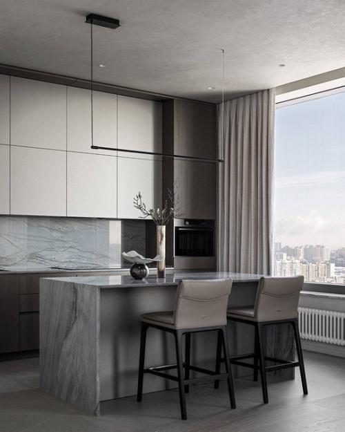 Монохромный интерьер для семьи, построенный на сложном сочетании фактур и полутонов. 02