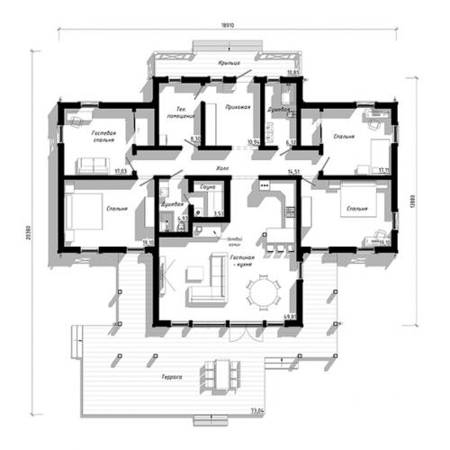 Современный одноэтажный коттедж с панорамным остеклением. 02