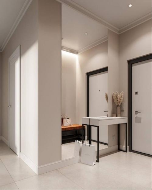 Интерьер прихожей и кухни - гостиной в светлых тонах. 08