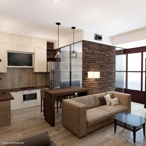 Проект квартиры 43 м в стиле лофт с отделкой стен паркетной доской. 01