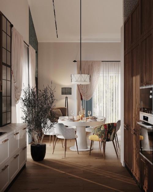 Насыщенный и очень уютный интерьер просторной кухни - гостиной в загородном доме. 06