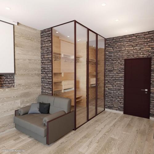 Проект квартиры 43 м в стиле лофт с отделкой стен паркетной доской. 04