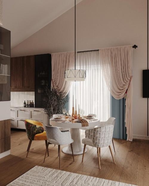 Насыщенный и очень уютный интерьер просторной кухни - гостиной в загородном доме. 01