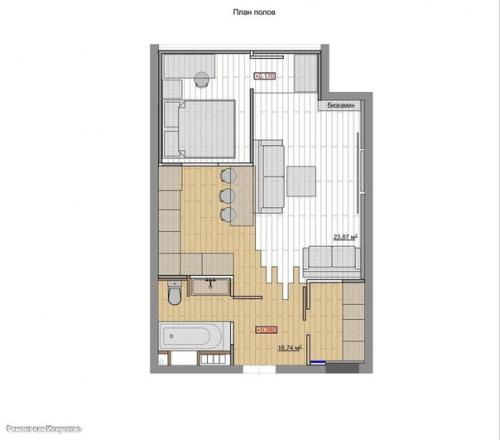 Проект квартиры 43 м в стиле лофт с отделкой стен паркетной доской. 08