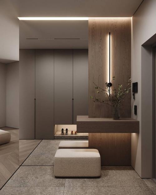 Современный светлый интерьер кухни - гостиной и прихожей. 09