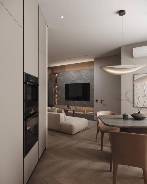 Современный светлый интерьер кухни - гостиной и прихожей. 08