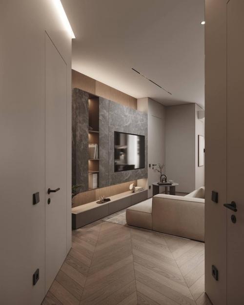 Современный светлый интерьер кухни - гостиной и прихожей. 03