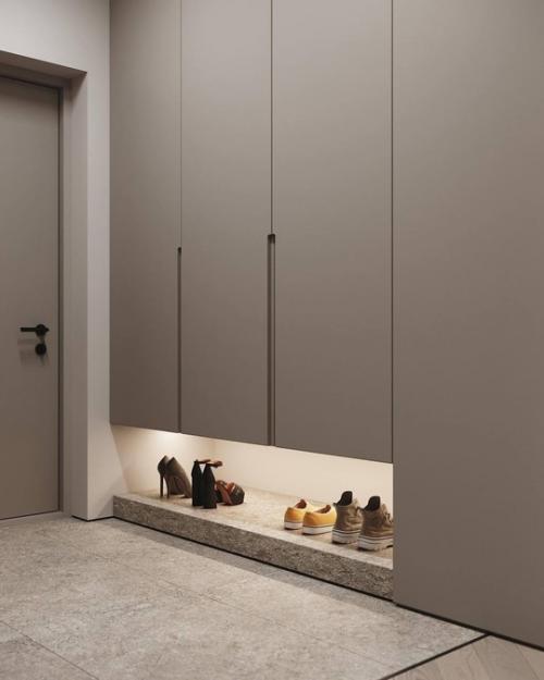 Современный светлый интерьер кухни - гостиной и прихожей. 07