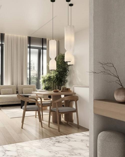 Аскетичный, но в тоже время уютный интерьер кухни - гостиной. 01