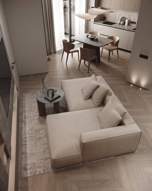 Современный светлый интерьер кухни - гостиной и прихожей. 06