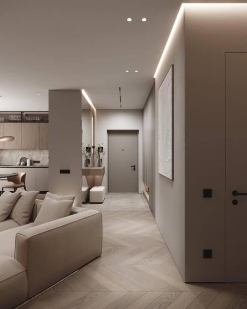 Современный светлый интерьер кухни - гостиной и прихожей. 05