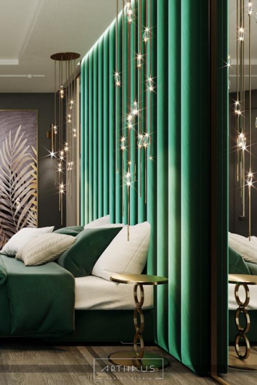 Элегантная главная спальня в изумрудно-зеленом цвете. 01