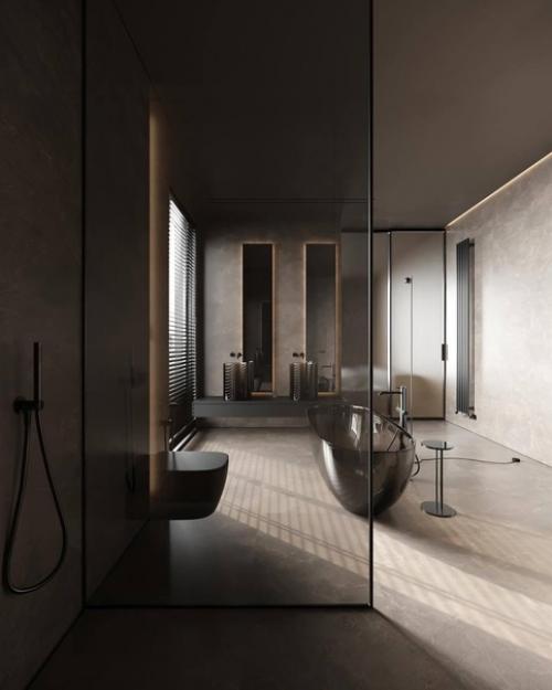 Тёмное оформление просторного санузла с роскошной прозрачной ванной. 05