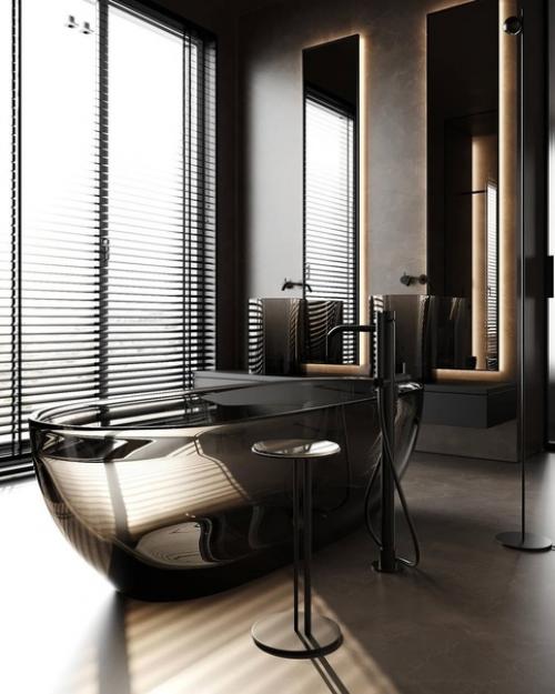 Тёмное оформление просторного санузла с роскошной прозрачной ванной. 01