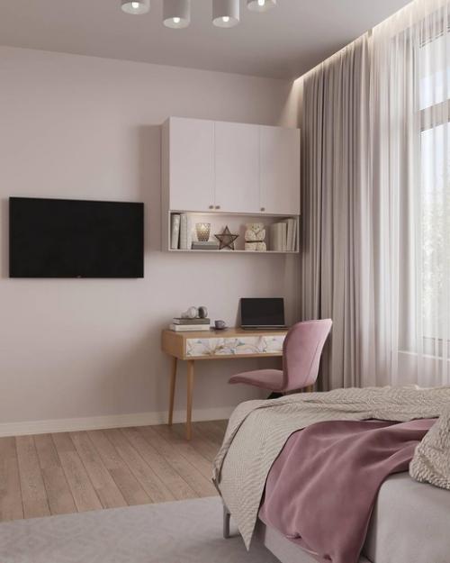 Светлый и уютный интерьер небольшой комнаты в единой цветовой гамме. 02