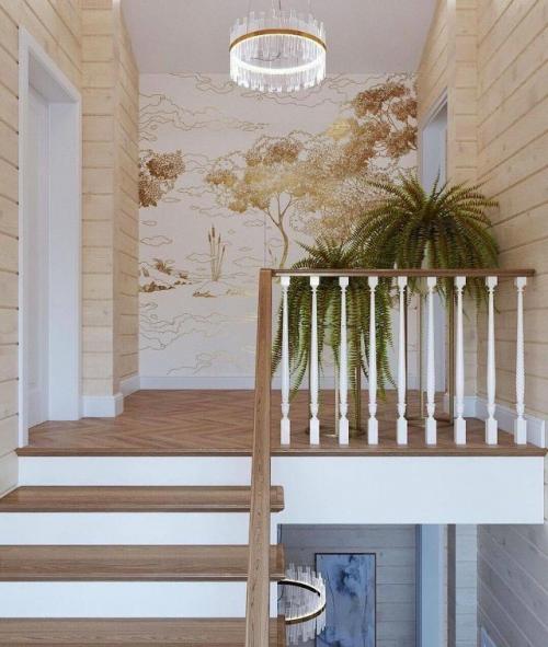 Дизайн холла в доме из профилированного бруса строится на подчёркнутой естественности и ощущении тёплого, Живого пространства. 05