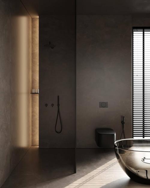 Тёмное оформление просторного санузла с роскошной прозрачной ванной. 06