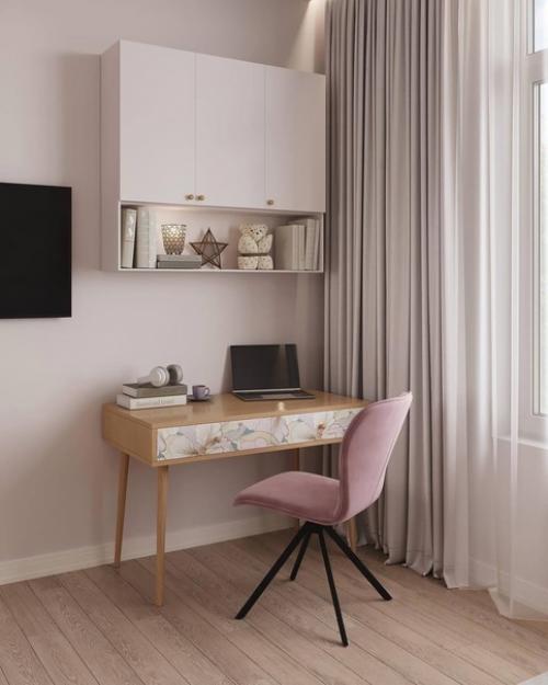 Светлый и уютный интерьер небольшой комнаты в единой цветовой гамме. 05