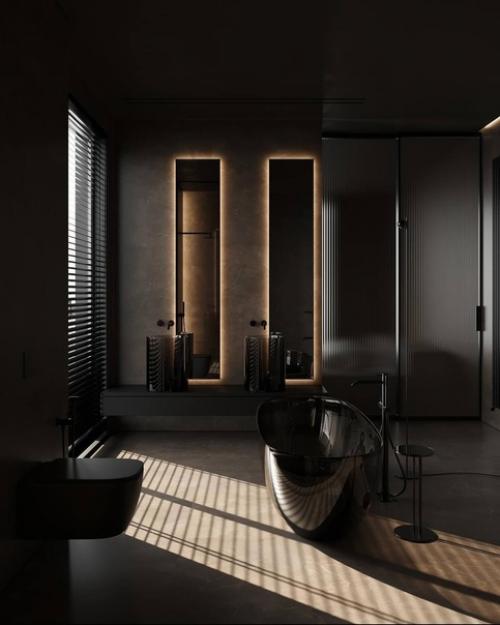 Тёмное оформление просторного санузла с роскошной прозрачной ванной. 03